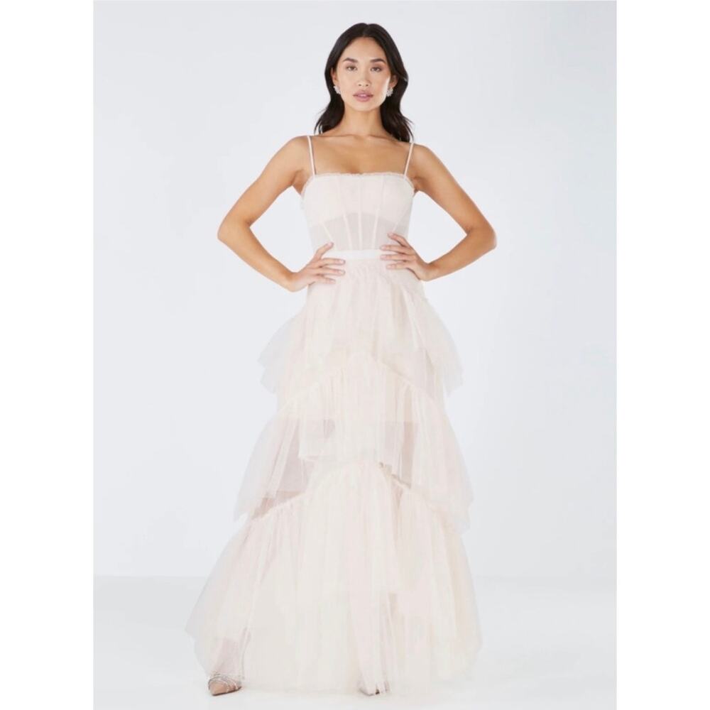 Bcbgmaxazria Ivory Tulle Spagetti strap Maxi Dress Size 16